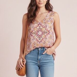 Verse Boho Pink Medallion Mandala Print Sleeveless Split V-Neck Blouse Tank Top